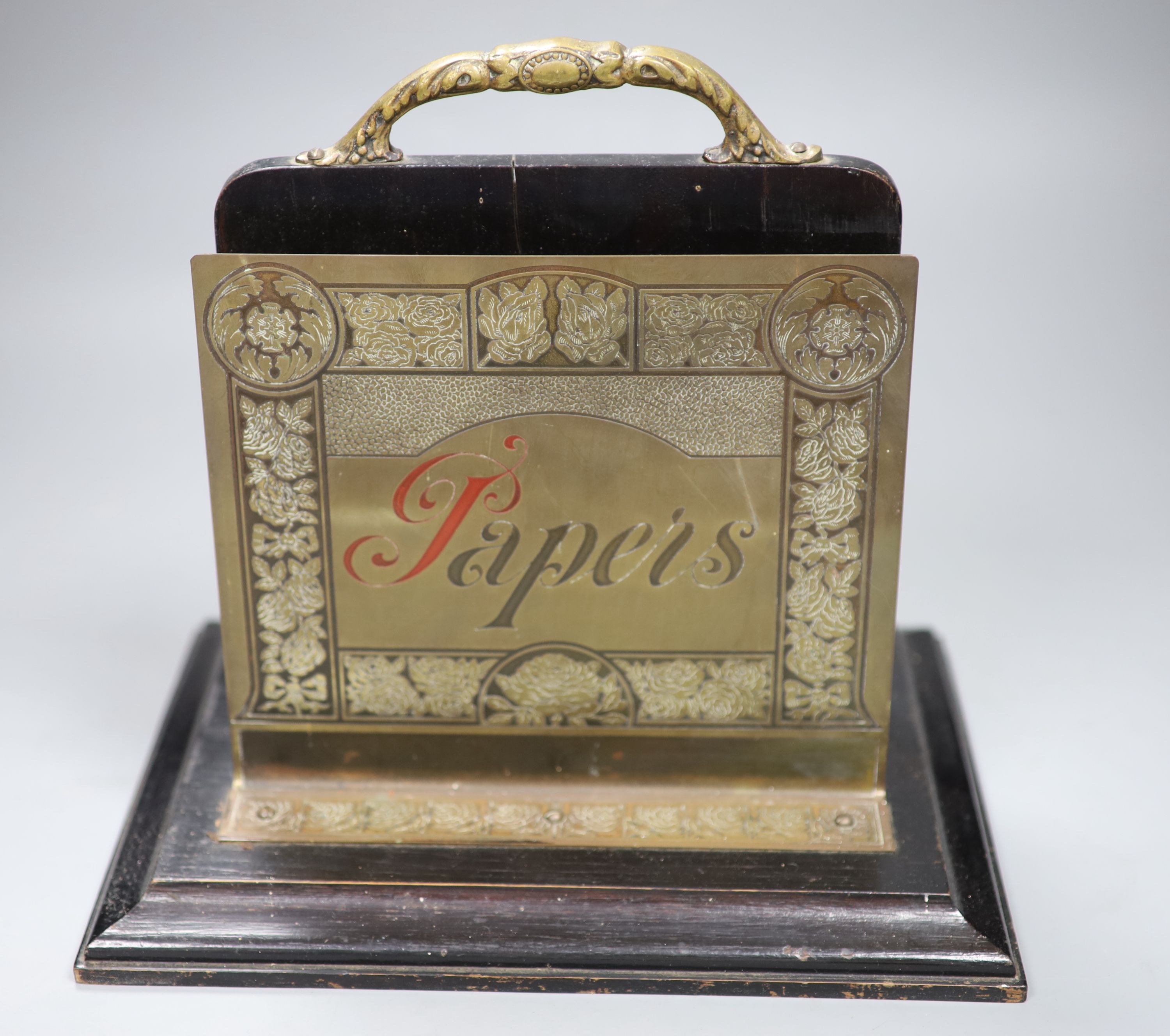 A Victorian oak and brass mounted stationary box and an early 20th century brass and oak Papers stand